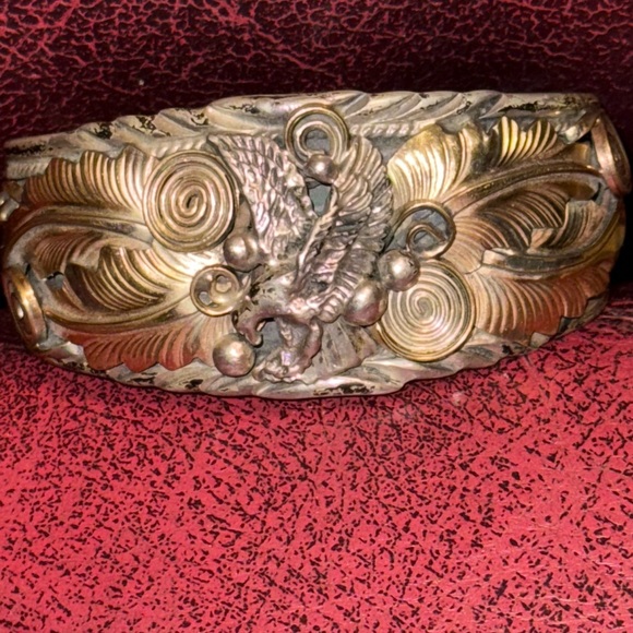 CHEE Native American Navajo Sterling Silver & Gold Appliques Eagle Cuff Bracelet - Picture 8 of 16